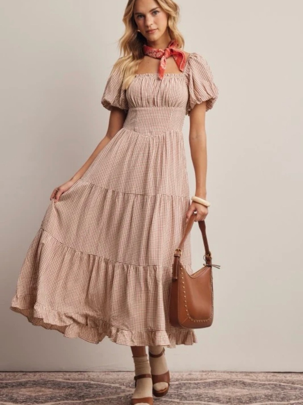 Smocked Puff-Sleeve Tiered Midi Dress in Beige Gingham